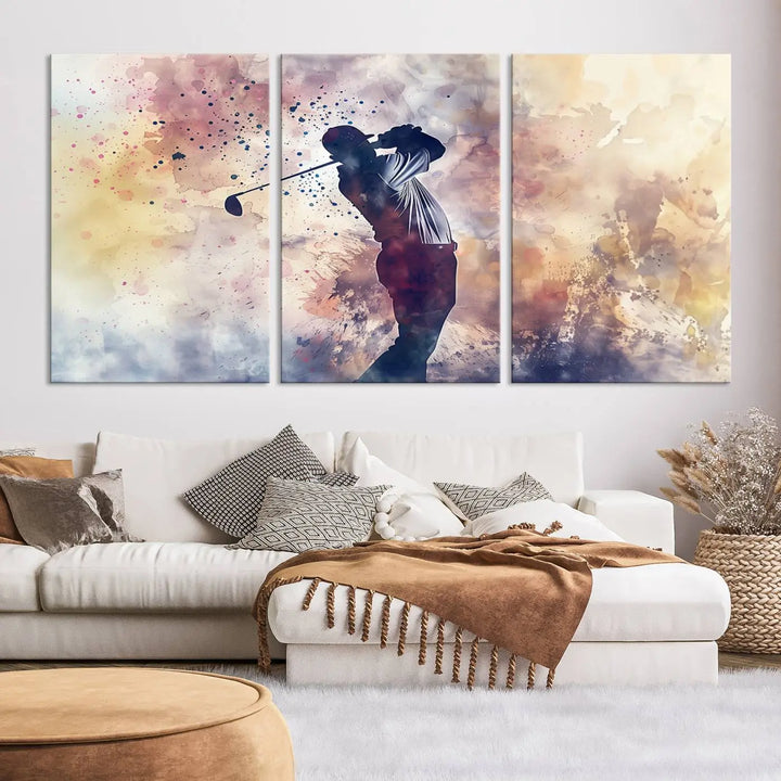 The Abstract Watercolor Golf Player Wall Art Canvas Print, with its vibrant abstract splashes, infuses dynamic energy into the room and harmonizes effortlessly with modern decor. This impressive piece captures the essence of contemporary golf art.