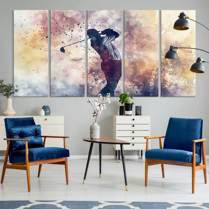 The Abstract Watercolor Golf Player Wall Art Canvas Print, with its vibrant abstract splashes, infuses dynamic energy into the room and harmonizes effortlessly with modern decor. This impressive piece captures the essence of contemporary golf art.