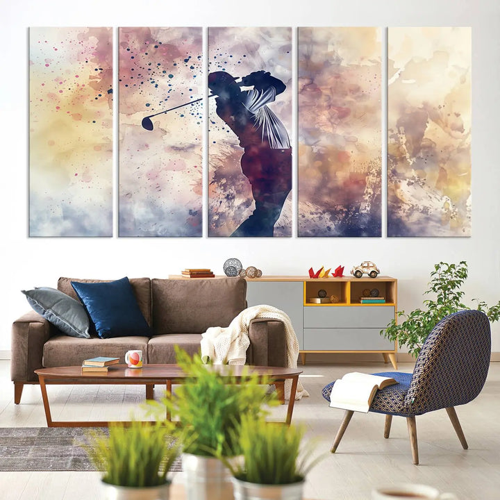 The Abstract Watercolor Golf Player Wall Art Canvas Print, with its vibrant abstract splashes, infuses dynamic energy into the room and harmonizes effortlessly with modern decor. This impressive piece captures the essence of contemporary golf art.