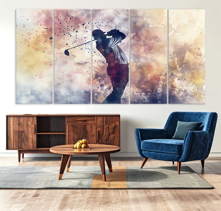 The Abstract Watercolor Golf Player Wall Art Canvas Print, with its vibrant abstract splashes, infuses dynamic energy into the room and harmonizes effortlessly with modern decor. This impressive piece captures the essence of contemporary golf art.