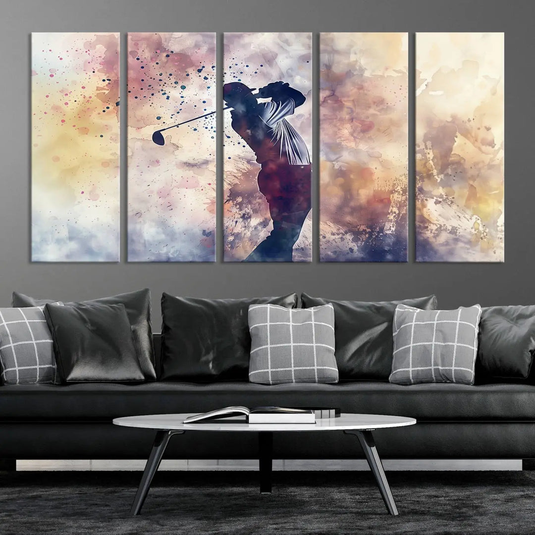 The Abstract Watercolor Golf Player Wall Art Canvas Print, with its vibrant abstract splashes, infuses dynamic energy into the room and harmonizes effortlessly with modern decor. This impressive piece captures the essence of contemporary golf art.