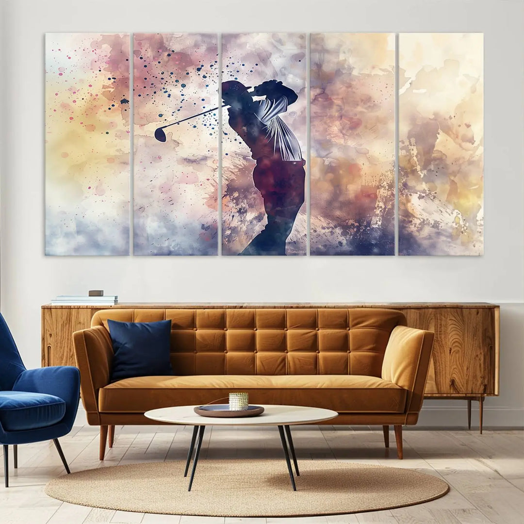 The Abstract Watercolor Golf Player Wall Art Canvas Print, with its vibrant abstract splashes, infuses dynamic energy into the room and harmonizes effortlessly with modern decor. This impressive piece captures the essence of contemporary golf art.