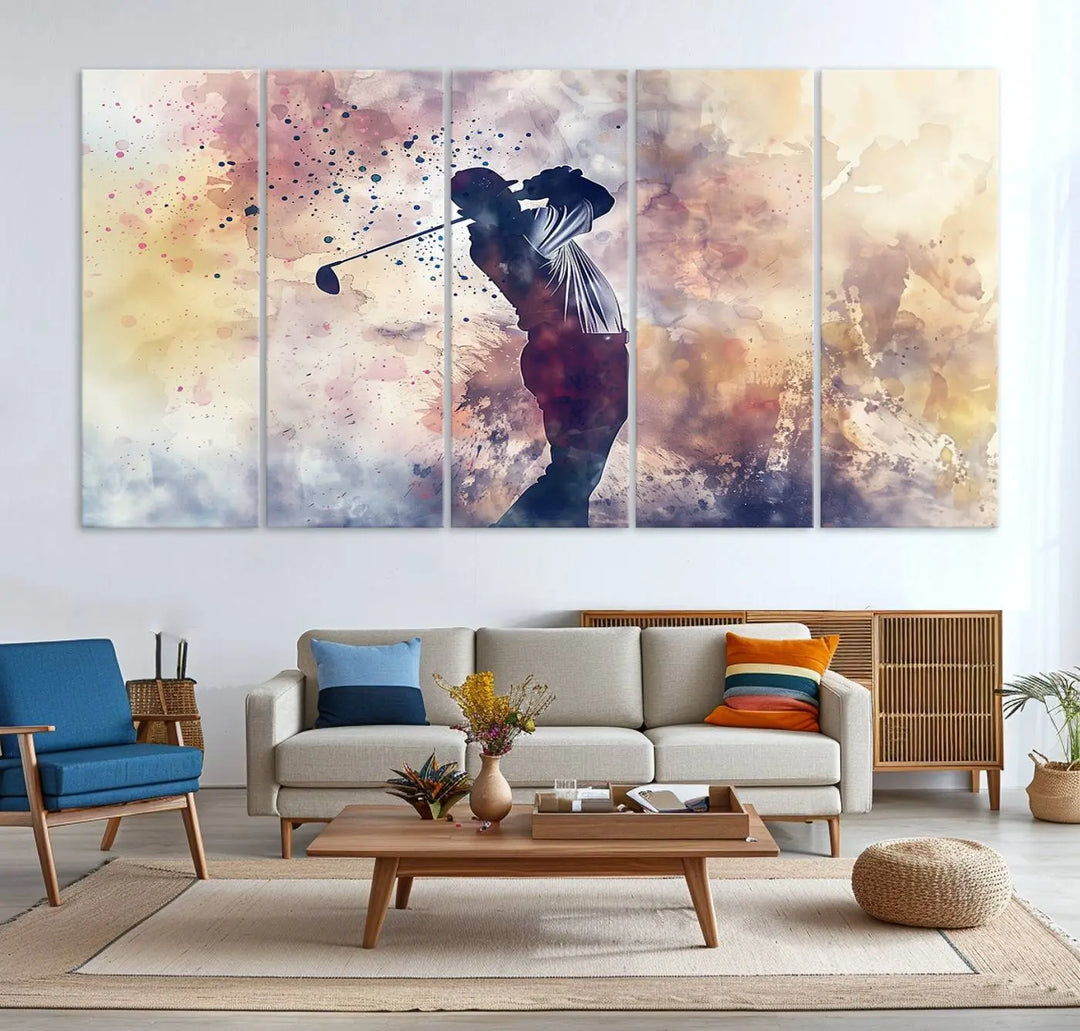 The Abstract Watercolor Golf Player Wall Art Canvas Print, with its vibrant abstract splashes, infuses dynamic energy into the room and harmonizes effortlessly with modern decor. This impressive piece captures the essence of contemporary golf art.