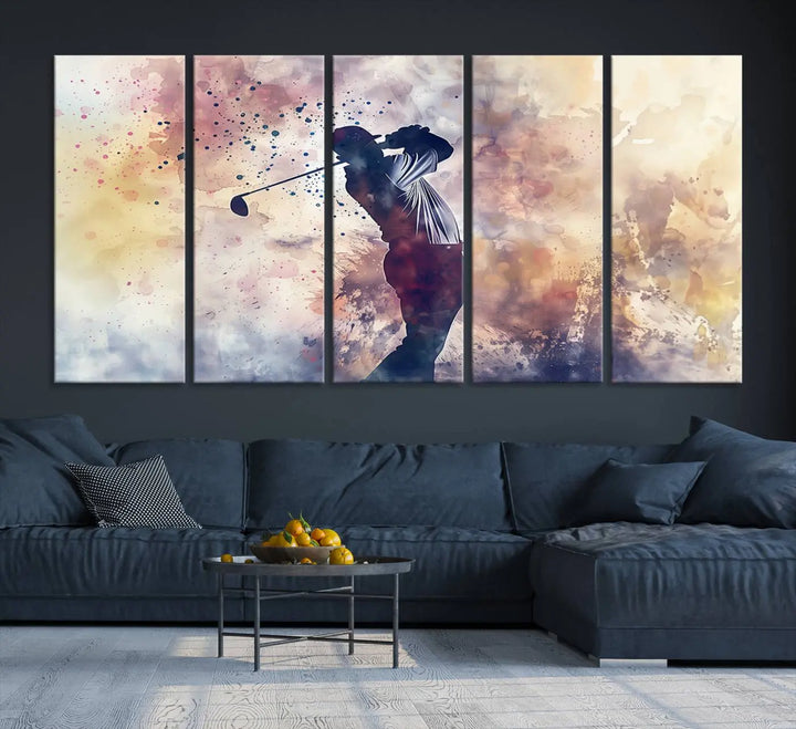 The Abstract Watercolor Golf Player Wall Art Canvas Print, with its vibrant abstract splashes, infuses dynamic energy into the room and harmonizes effortlessly with modern decor. This impressive piece captures the essence of contemporary golf art.