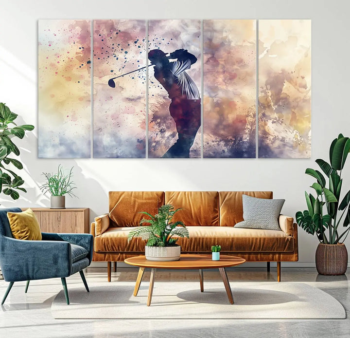 The Abstract Watercolor Golf Player Wall Art Canvas Print, with its vibrant abstract splashes, infuses dynamic energy into the room and harmonizes effortlessly with modern decor. This impressive piece captures the essence of contemporary golf art.