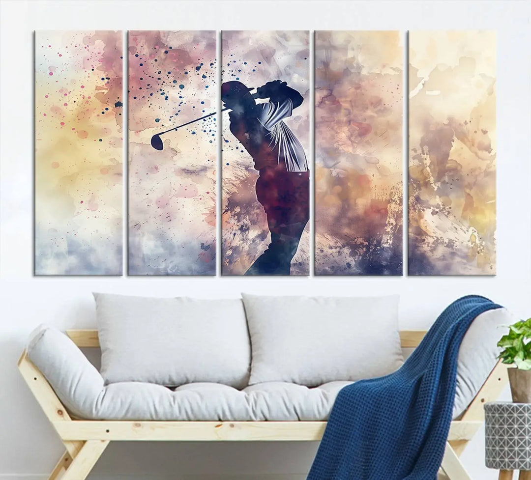 The Abstract Watercolor Golf Player Wall Art Canvas Print, with its vibrant abstract splashes, infuses dynamic energy into the room and harmonizes effortlessly with modern decor. This impressive piece captures the essence of contemporary golf art.