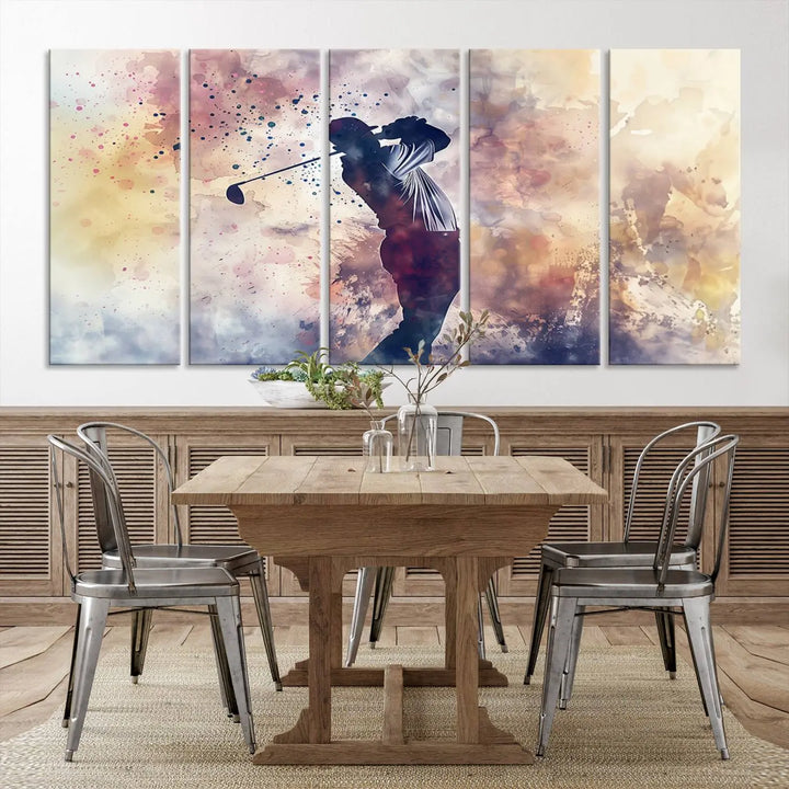 The Abstract Watercolor Golf Player Wall Art Canvas Print, with its vibrant abstract splashes, infuses dynamic energy into the room and harmonizes effortlessly with modern decor. This impressive piece captures the essence of contemporary golf art.