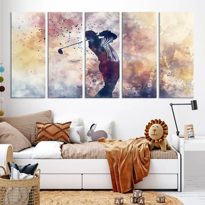 The Abstract Watercolor Golf Player Wall Art Canvas Print, with its vibrant abstract splashes, infuses dynamic energy into the room and harmonizes effortlessly with modern decor. This impressive piece captures the essence of contemporary golf art.