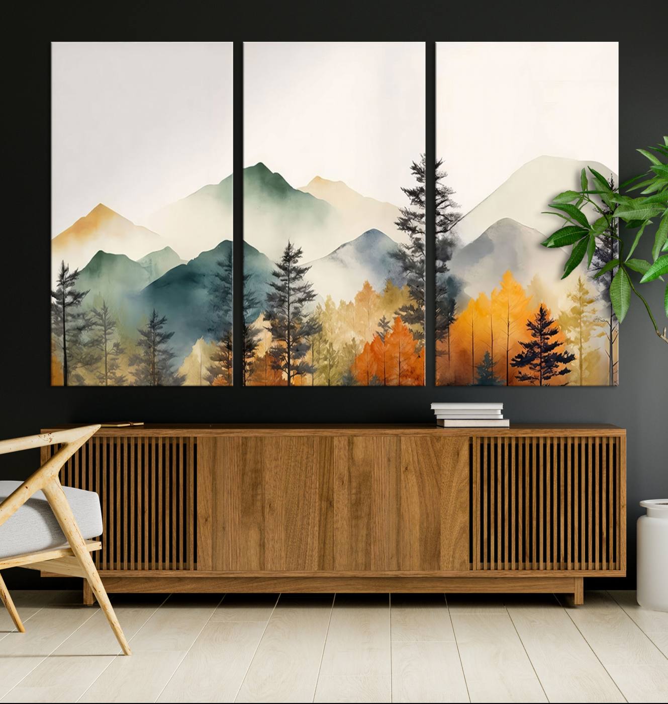 25689-MGV-CV-36X24-Abstract Watercolor Mountains and Trees Autumn Wall Art, Mountains and Trees Autumn Wall Art Canvas