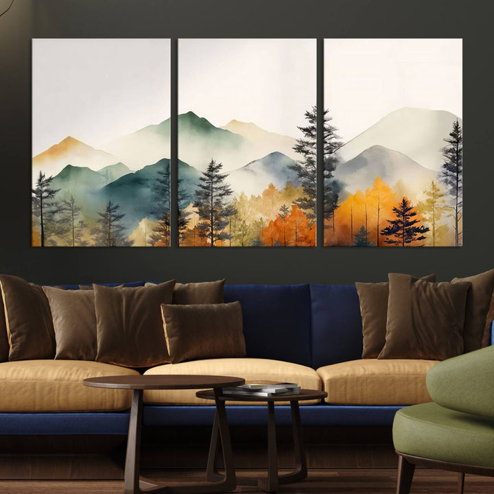 Abstract Watercolor Mountains and Trees Autumn Wall Art, Mountains and Trees Autumn Wall Art Canvas