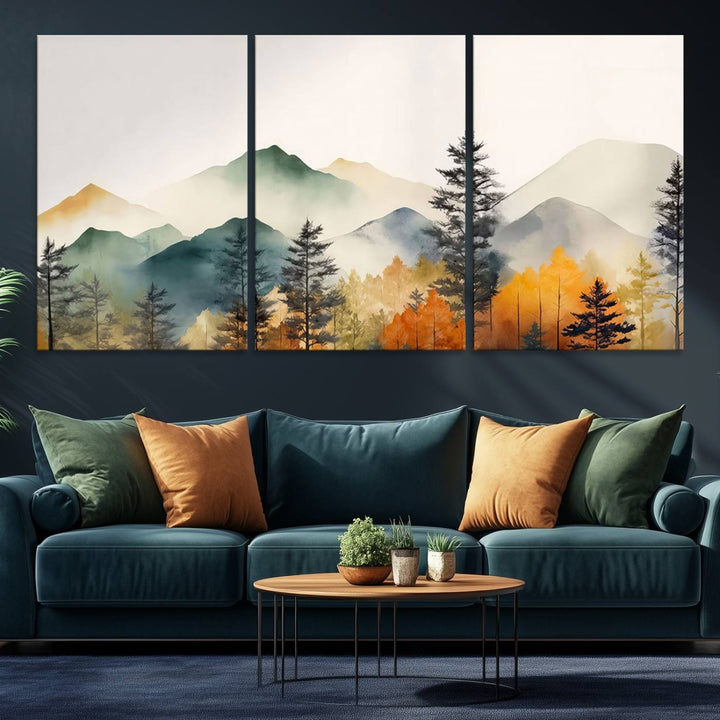 Abstract Watercolor Mountains and Trees Autumn Wall Art, Mountains and Trees Autumn Wall Art Canvas