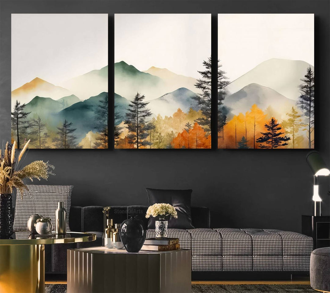 Abstract Watercolor Mountains and Trees Autumn Wall Art, Mountains and Trees Autumn Wall Art Canvas