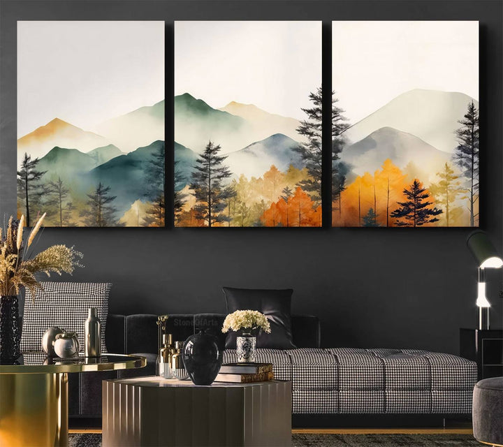 Abstract Watercolor Mountains and Trees Autumn Wall Art, Mountains and Trees Autumn Wall Art Canvas