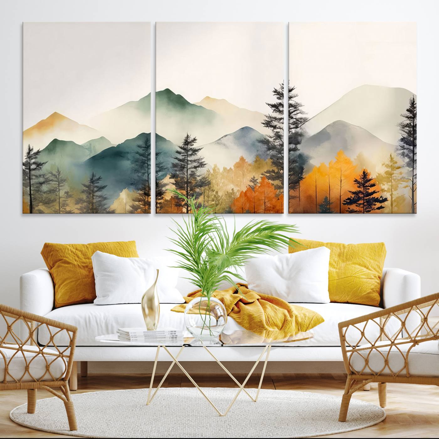 25689-MGV-CV-36X24-Abstract Watercolor Mountains and Trees Autumn Wall Art, Mountains and Trees Autumn Wall Art Canvas