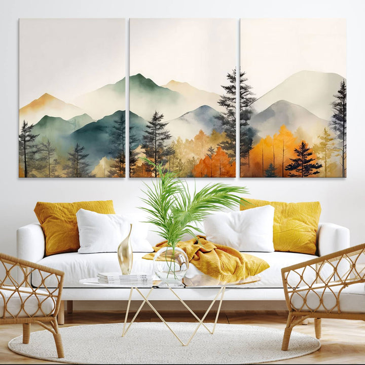 Abstract Watercolor Mountains and Trees Autumn Wall Art, Mountains and Trees Autumn Wall Art Canvas