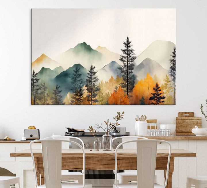 Abstract Watercolor Mountains and Trees Autumn Wall Art, Mountains and Trees Autumn Wall Art Canvas