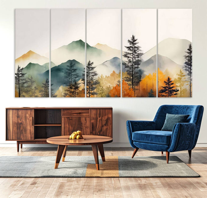 Abstract Watercolor Mountains and Trees Autumn Wall Art, Mountains and Trees Autumn Wall Art Canvas