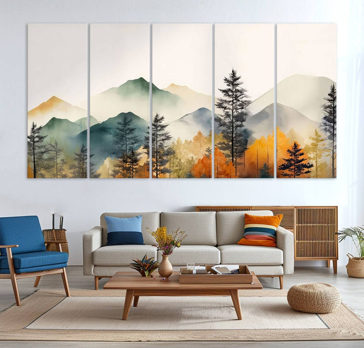 Abstract Watercolor Mountains and Trees Autumn Wall Art, Mountains and Trees Autumn Wall Art Canvas