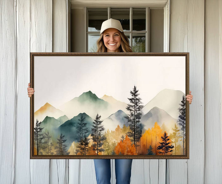 25689-MGV-CV-36X24-Abstract Watercolor Mountains and Trees Autumn Wall Art, Mountains and Trees Autumn Wall Art Canvas