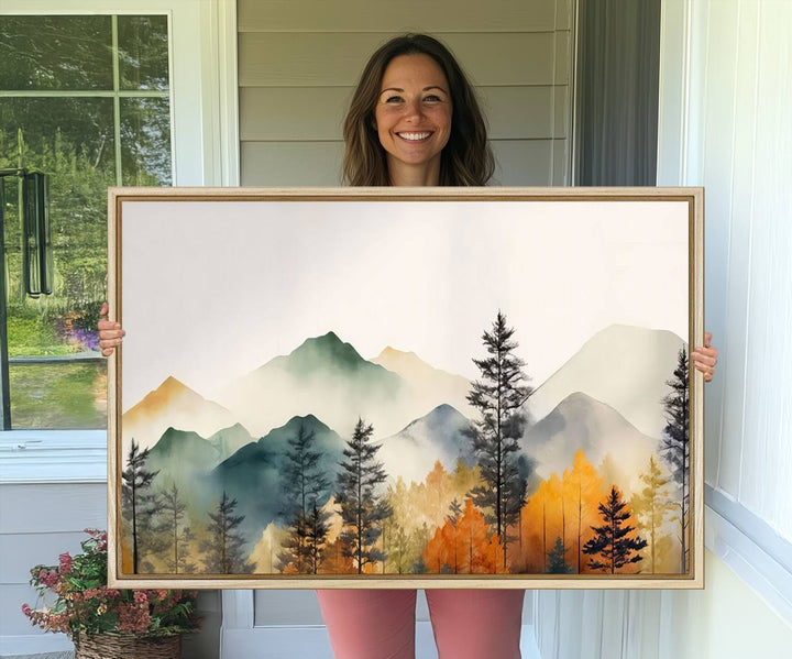 25689-MGV-CV-36X24-Abstract Watercolor Mountains and Trees Autumn Wall Art, Mountains and Trees Autumn Wall Art Canvas