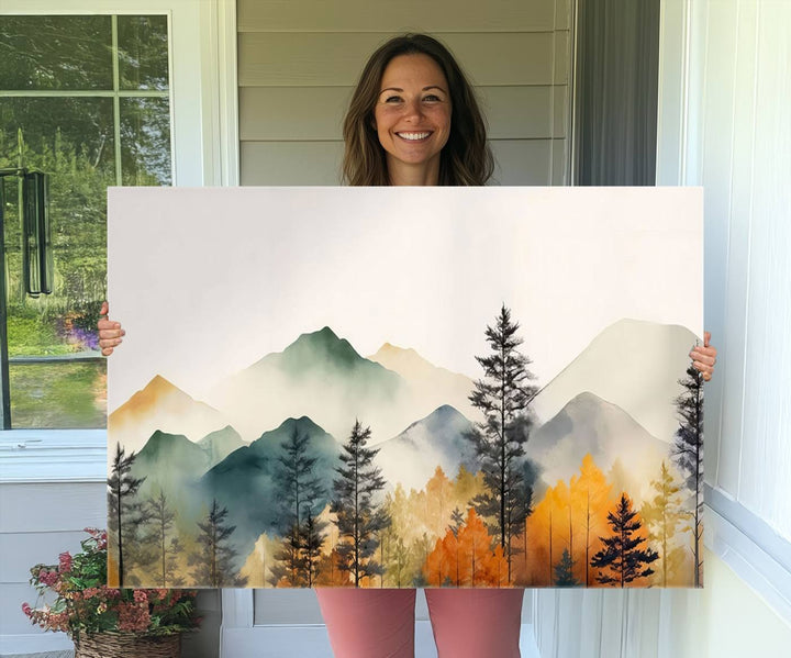 Abstract Watercolor Mountains and Trees Autumn Wall Art, Mountains and Trees Autumn Wall Art Canvas