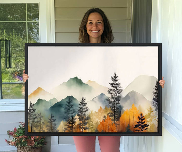 25689-MGV-CV-36X24-Abstract Watercolor Mountains and Trees Autumn Wall Art, Mountains and Trees Autumn Wall Art Canvas
