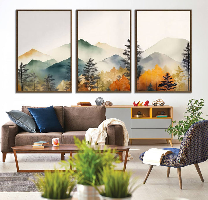 25689-MGV-CV-36X24-Abstract Watercolor Mountains and Trees Autumn Wall Art, Mountains and Trees Autumn Wall Art Canvas