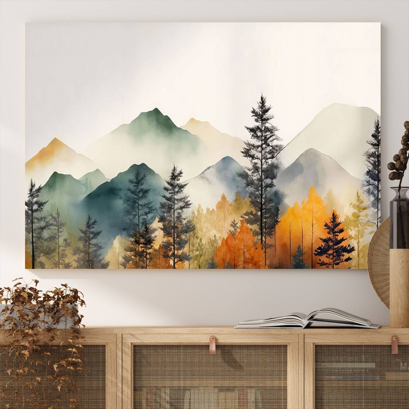 25689-MGV-CV-36X24-Abstract Watercolor Mountains and Trees Autumn Wall Art, Mountains and Trees Autumn Wall Art Canvas