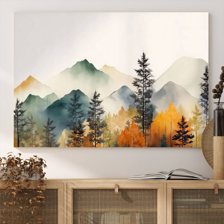 Abstract Watercolor Mountains and Trees Autumn Wall Art, Mountains and Trees Autumn Wall Art Canvas