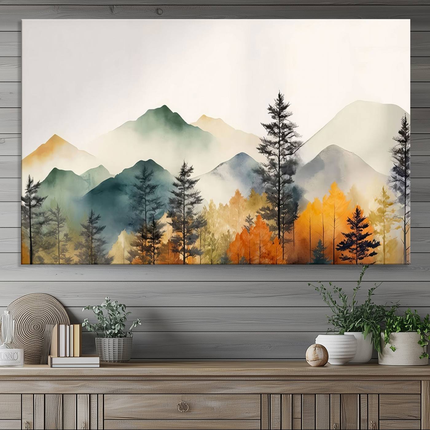 25689-MGV-CV-36X24-Abstract Watercolor Mountains and Trees Autumn Wall Art, Mountains and Trees Autumn Wall Art Canvas