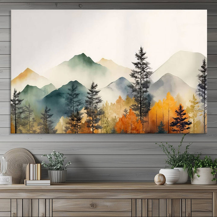Abstract Watercolor Mountains and Trees Autumn Wall Art, Mountains and Trees Autumn Wall Art Canvas