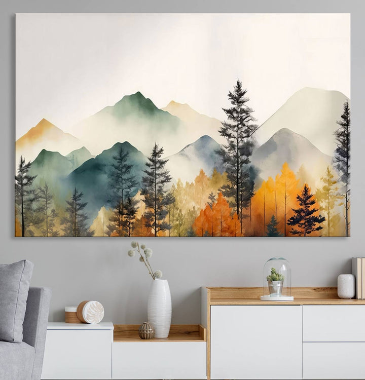 Abstract Watercolor Mountains and Trees Autumn Wall Art, Mountains and Trees Autumn Wall Art Canvas
