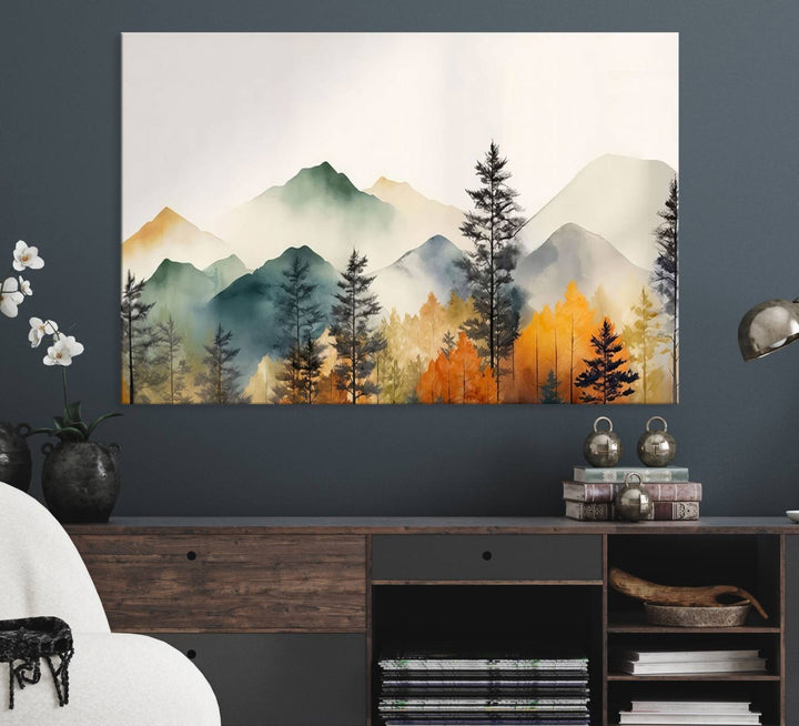 Abstract Watercolor Mountains and Trees Autumn Wall Art, Mountains and Trees Autumn Wall Art Canvas
