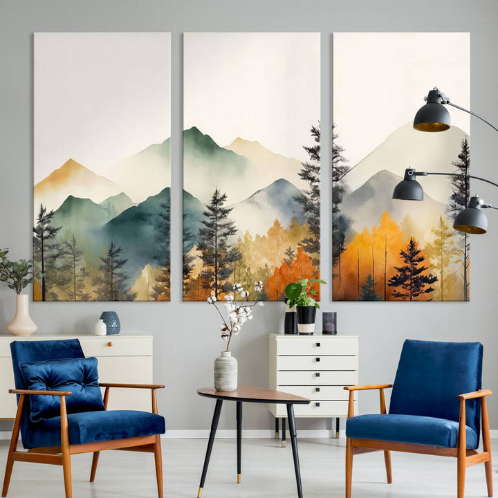 Abstract Watercolor Mountains and Trees Autumn Wall Art, Mountains and Trees Autumn Wall Art Canvas