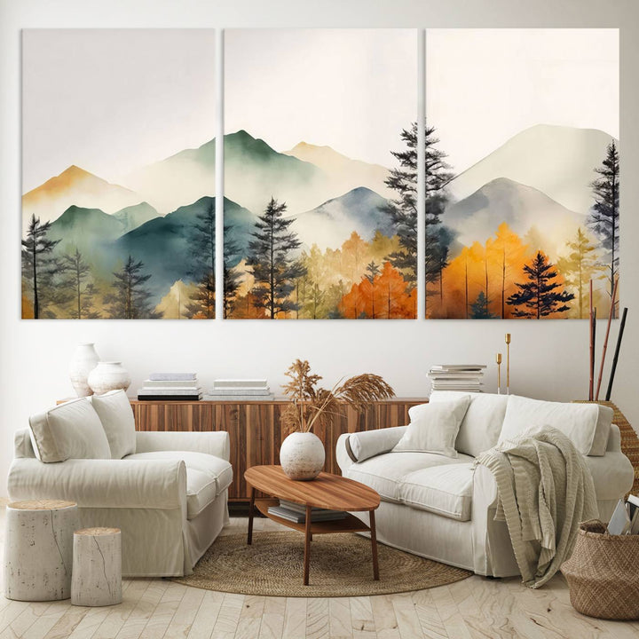 Abstract Watercolor Mountains and Trees Autumn Wall Art, Mountains and Trees Autumn Wall Art Canvas