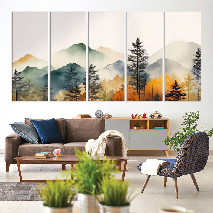Abstract Watercolor Mountains and Trees Autumn Wall Art, Mountains and Trees Autumn Wall Art Canvas