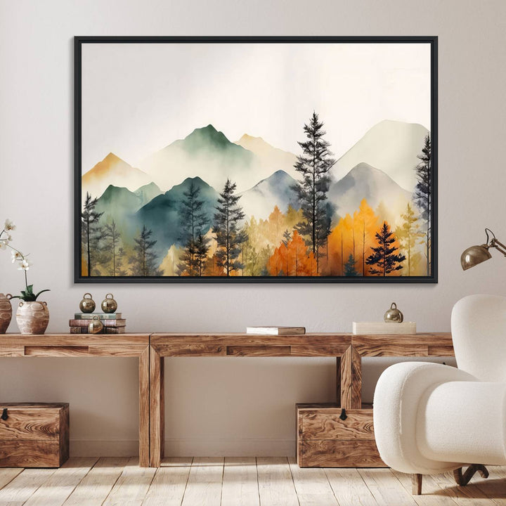 Abstract Watercolor Mountains and Trees Autumn Wall Art, Mountains and Trees Autumn Wall Art Canvas