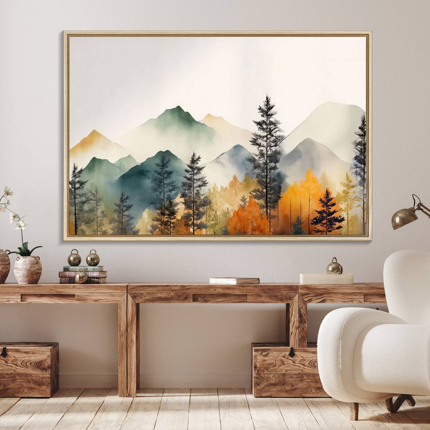 25689-MGV-FC-36X24_Natural-Abstract Watercolor Mountains and Trees Autumn Wall Art, Mountains and Trees Autumn Wall Art Canvas