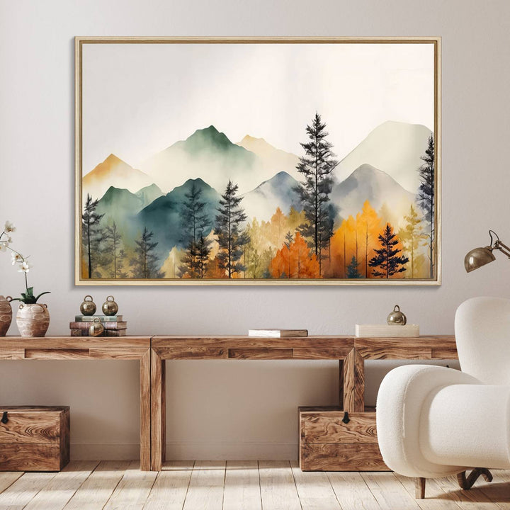 Abstract Watercolor Mountains and Trees Autumn Wall Art, Mountains and Trees Autumn Wall Art Canvas