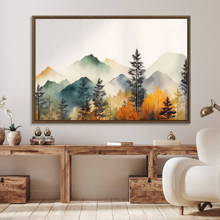 Abstract Watercolor Mountains and Trees Autumn Wall Art, Mountains and Trees Autumn Wall Art Canvas