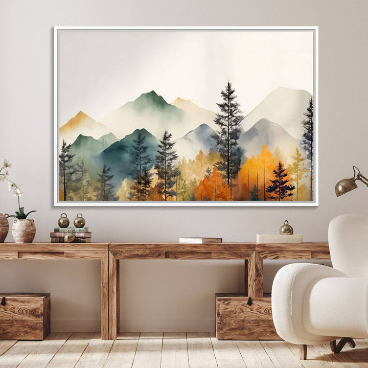 25689-MGV-FC-36X24_White-Abstract Watercolor Mountains and Trees Autumn Wall Art, Mountains and Trees Autumn Wall Art Canvas