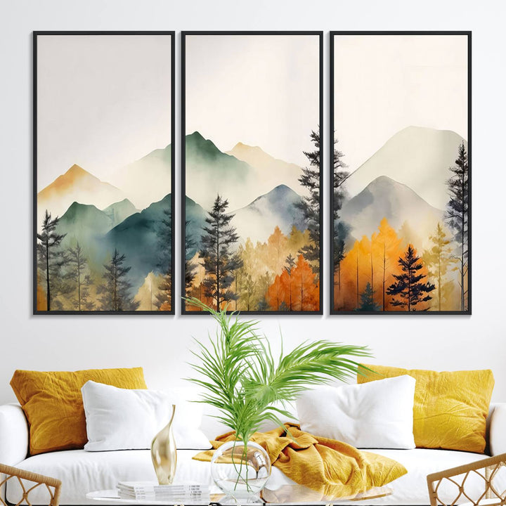 25689-MGV-FC-48X32-3P_Black-Abstract Watercolor Mountains and Trees Autumn Wall Art, Mountains and Trees Autumn Wall Art Canvas