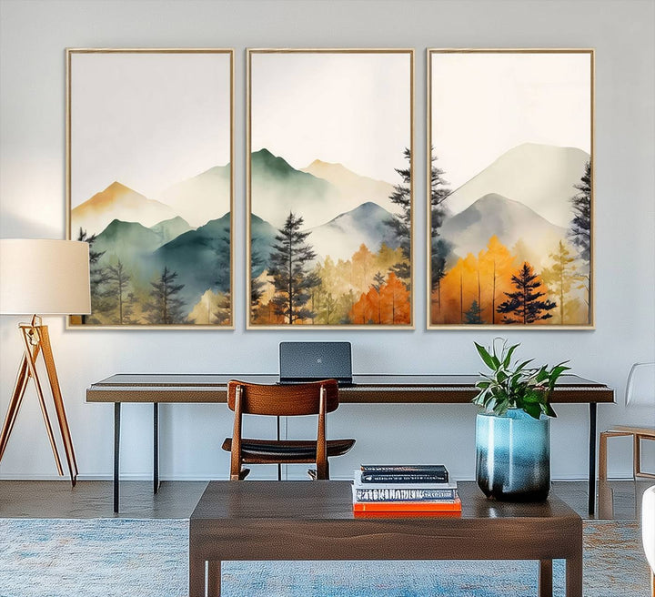 25689-MGV-FC-48X32-3P_Natural-Abstract Watercolor Mountains and Trees Autumn Wall Art, Mountains and Trees Autumn Wall Art Canvas