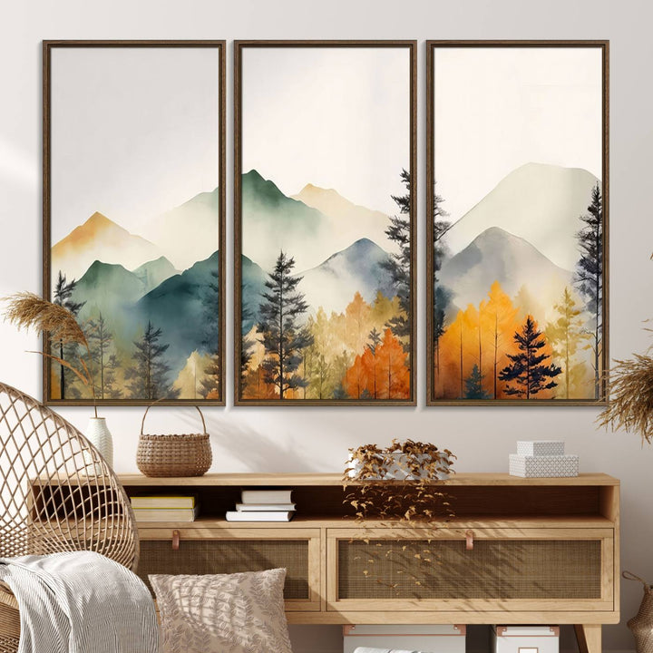 25689-MGV-FC-48X32-3P_Walnut-Abstract Watercolor Mountains and Trees Autumn Wall Art, Mountains and Trees Autumn Wall Art Canvas