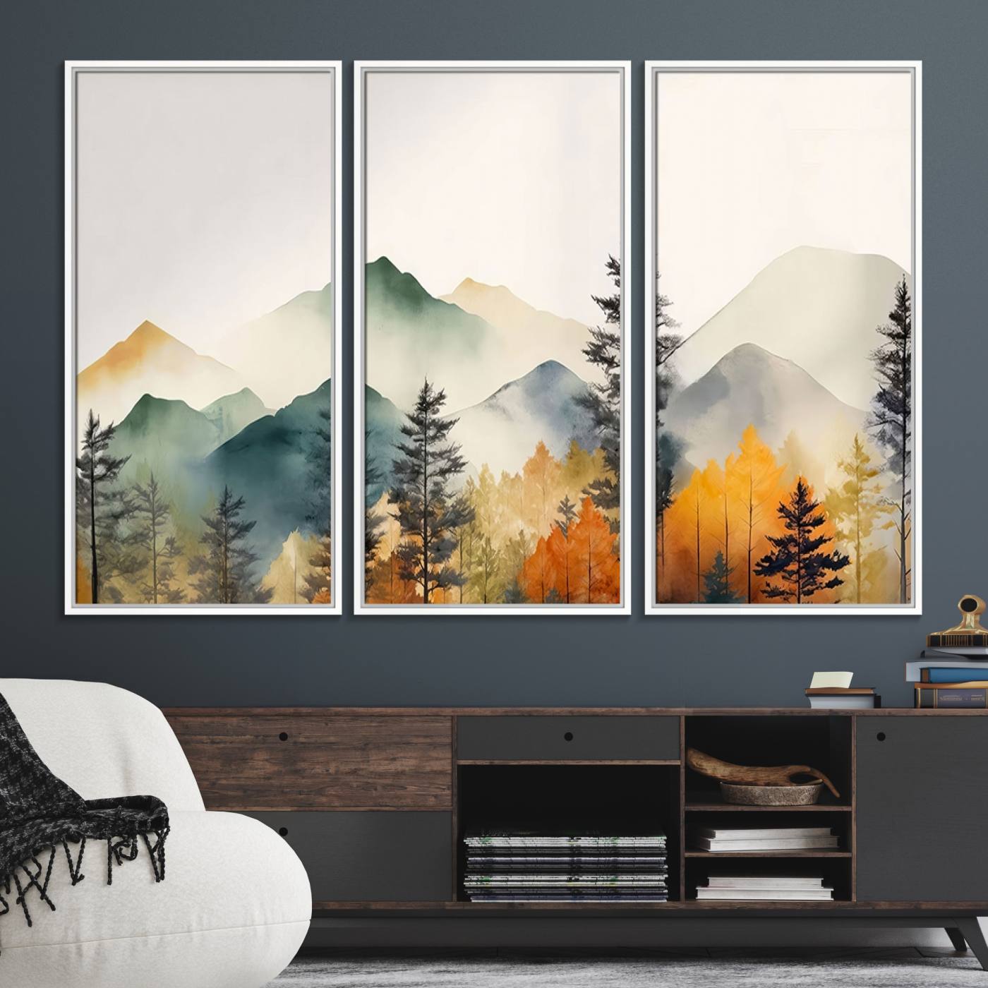 25689-MGV-FC-48X32-3P_White-Abstract Watercolor Mountains and Trees Autumn Wall Art, Mountains and Trees Autumn Wall Art Canvas