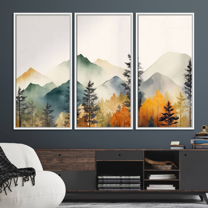 25689-MGV-FC-48X32-3P_White-Abstract Watercolor Mountains and Trees Autumn Wall Art, Mountains and Trees Autumn Wall Art Canvas