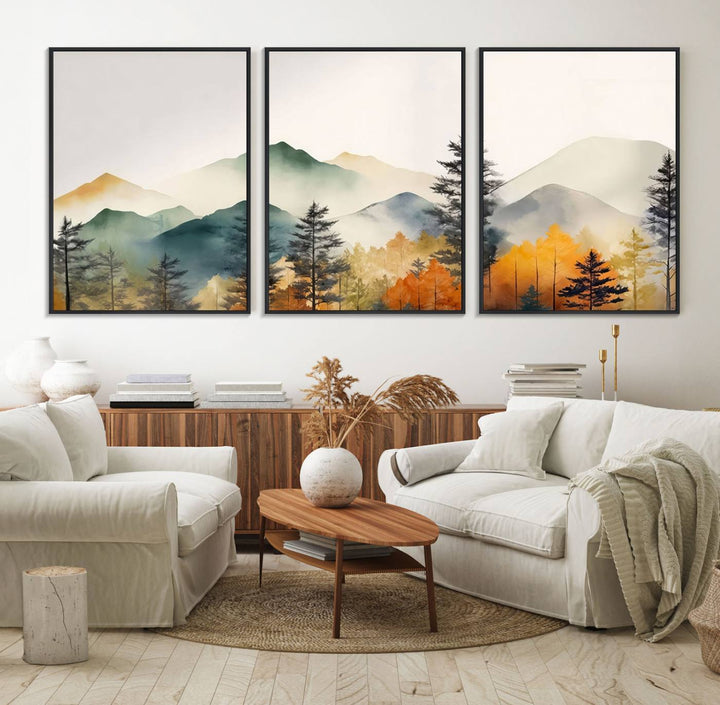 25689-MGV-FC-60X30-3P_Black-Abstract Watercolor Mountains and Trees Autumn Wall Art, Mountains and Trees Autumn Wall Art Canvas