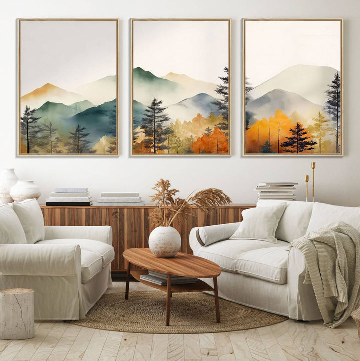 25689-MGV-FC-60X30-3P_Natural-Abstract Watercolor Mountains and Trees Autumn Wall Art, Mountains and Trees Autumn Wall Art Canvas
