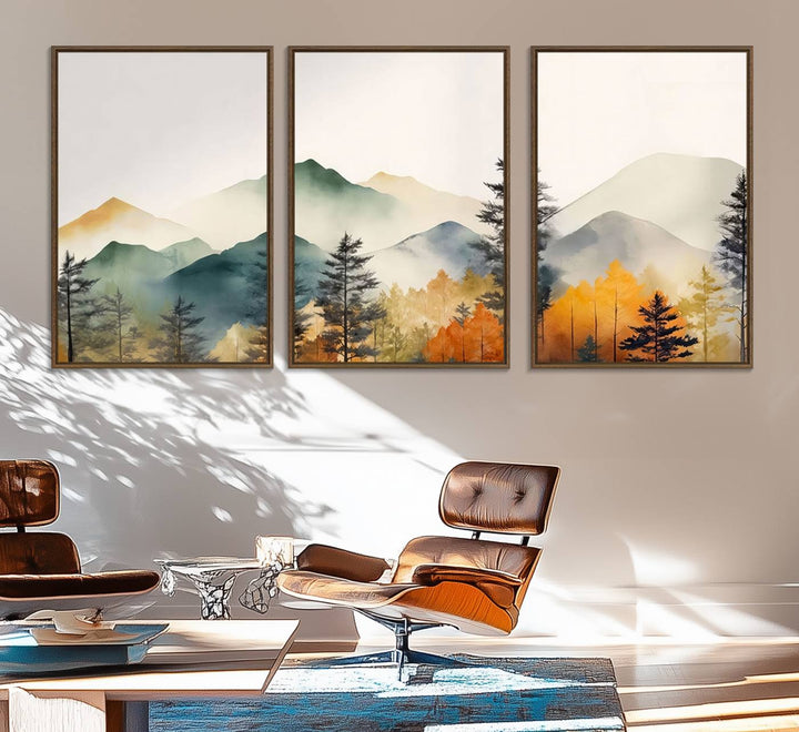 25689-MGV-FC-60X30-3P_Walnut-Abstract Watercolor Mountains and Trees Autumn Wall Art, Mountains and Trees Autumn Wall Art Canvas