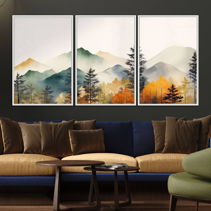 25689-MGV-FC-60X30-3P_White-Abstract Watercolor Mountains and Trees Autumn Wall Art, Mountains and Trees Autumn Wall Art Canvas